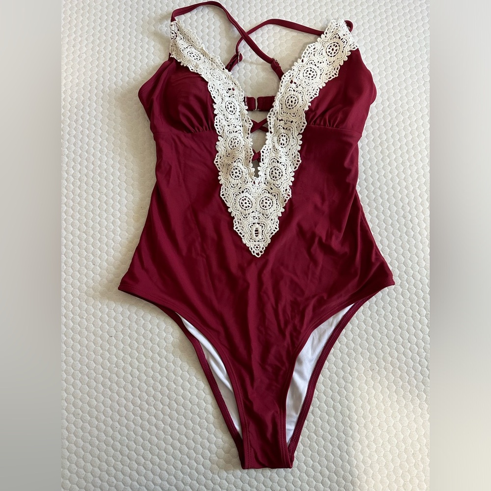 Cupshe Burgundy and White Lace One Piece Swimsuit